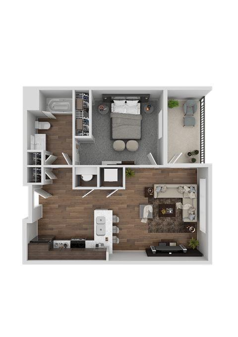 Floor plan for 1 bed, 1 bath, 674 sqft